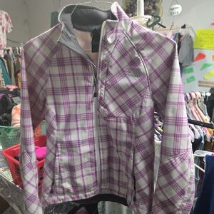 The North Face Pink and White Plaid Softshell Jacket